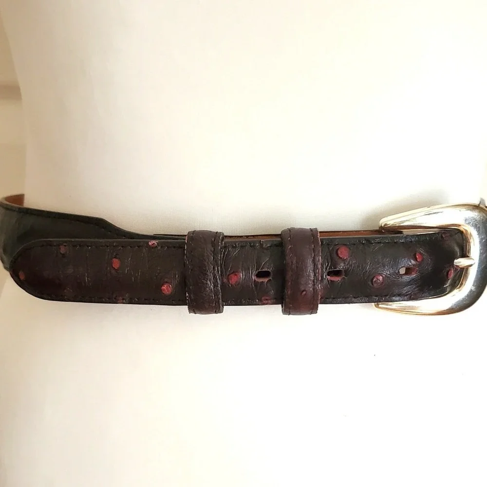 Nocona Dark Brown Red Leather Belt 32 Ostrich Pattern Silver Tone Buckle Western